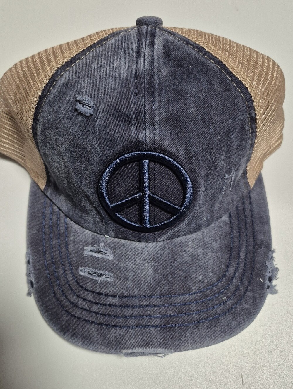 Cc Womens Distressed Navy & Tan Trucker Hat with Peace Emblem